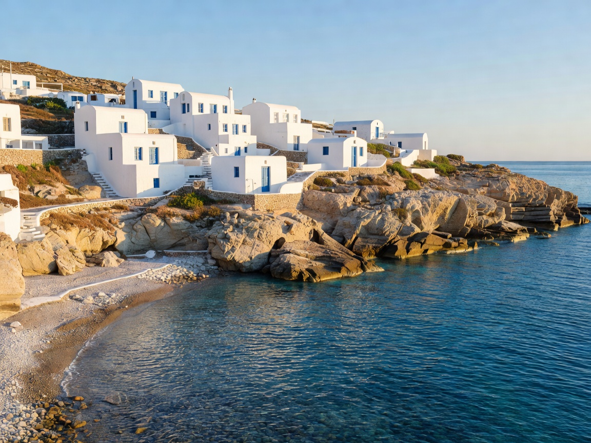 Cycladic island coast with white buildings and blue sea