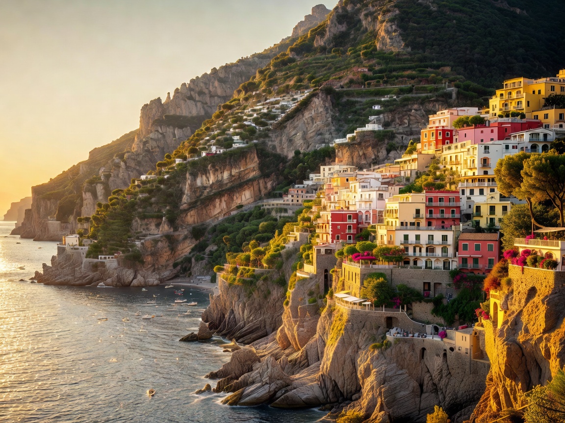Sunlit Amalfi Coast cliffs and villages