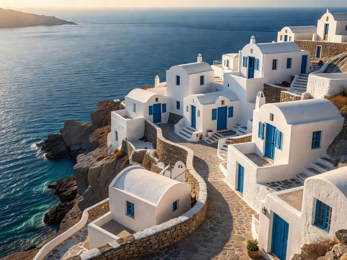 Whitewashed Cyclades island houses beside blue sea